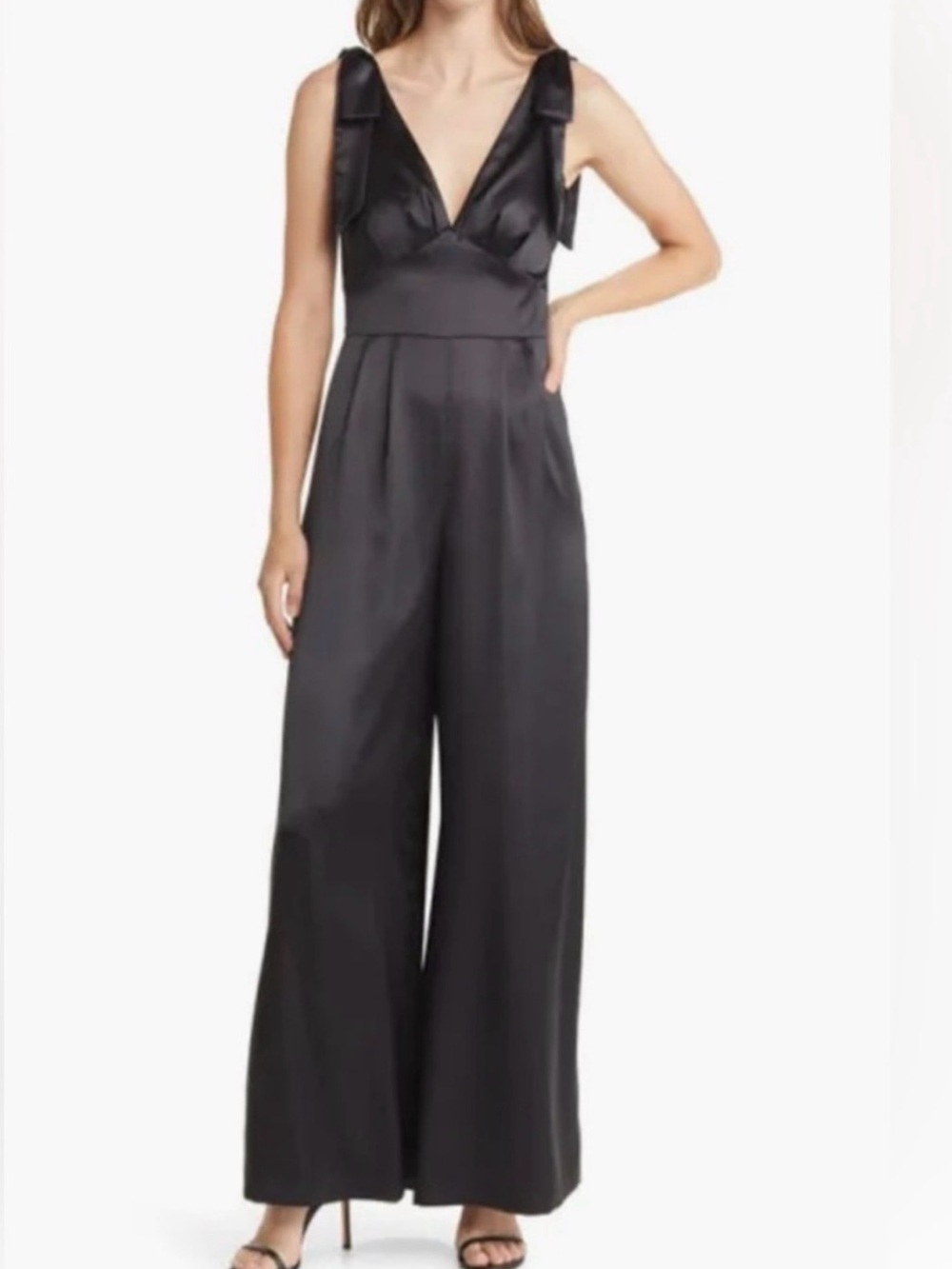 OLΓA Satin Wide-Leg Jumpsuit with Bow Tie Straps - Black